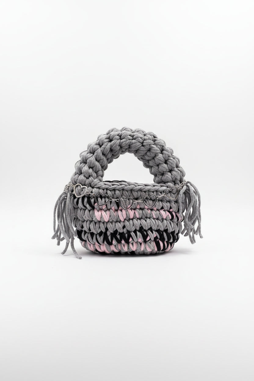 Sac crochet gris – touches rose & noir