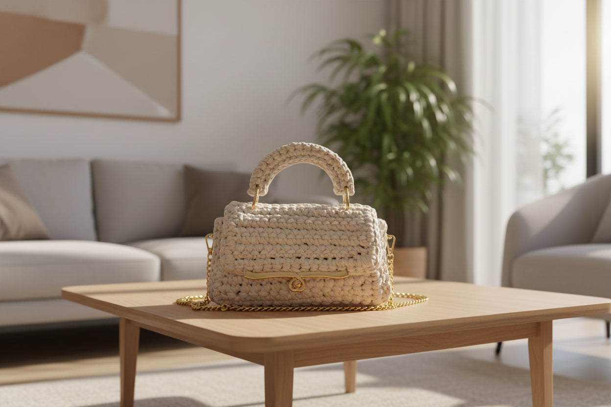 Sac en crochet blanc avec chaîne dorée